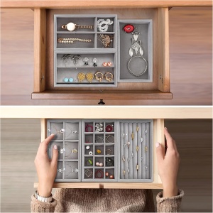 Organizator bijuterii Belle Vous, set 6 tavite din catifea, 21 x 12 x 2.5 cm, compartimente multiple, stivuibile, pentru sertar / masa de toaleta, Gri - Img 4