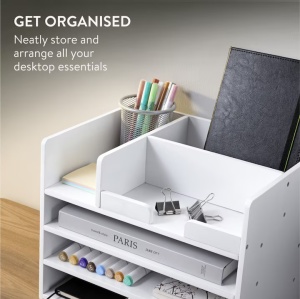 Organizator birou cu sertare Navaris, 33x24x26 cm, auto-asamblare, alb, bambus - Img 2