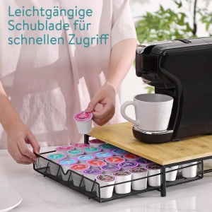 Organizator capsule cafea Navaris, sertar depozitare pentru capsule K-Cup/Dolce Gusto, suport pentru aparat cafea, metal si bambus, 35 x 32.5 x 9 cm, Negru/Natur - Img 4