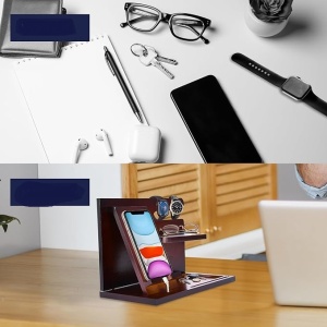 Organizator de birou din lemn, OfficeWorld, raft din bambus pentru birou sau noptiera, suport pentru pixuri, suport pentru telefon, raft pentru accesorii mici, 26 x 15 x 19 cm, maro - Img 4