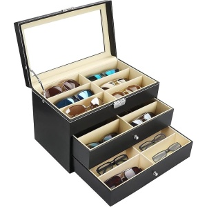 Organizator ochelari Kurtzy, 33.5 x 19 x 22 cm, 18 compartimente, 3 niveluri cu 2 sertare, piele ecologica, capac sticla, Negru