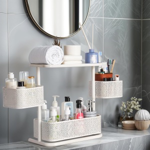Organizator rotativ Belle Vous, pentru baie, bucatarie, din metal, 35.5 x 19 x 37.5 cm, 3 niveluri, Alb - Img 6