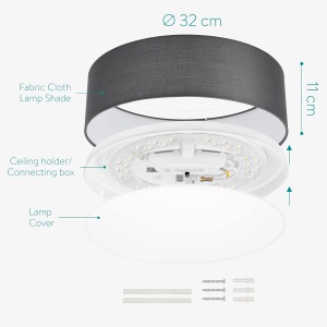 Plafoniera LED Navaris, 22W, cu telecomanda, temperatura si intensitate reglabile, diametru 32 cm, abajur textil, Gri inchis - Img 5