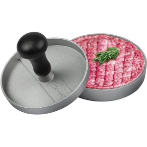 Presa pentru burger GOURMEO, aluminiu, antiaderent, diametru 11 cm, Argintiu, cu 50 foi de hartie de copt