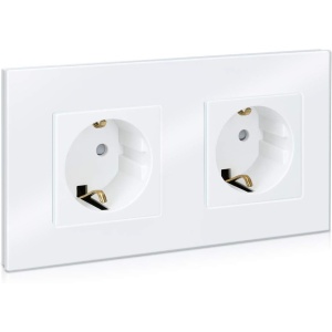 Priza dubla Schuko Navaris, rama din sticla, 250V, 16A, montaj incastrat, design elegant, 15.5 x 8.5 cm, 4000W, Alb