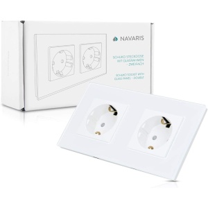 Priza dubla Schuko Navaris, rama din sticla, 250V, 16A, montaj incastrat, design elegant, 15.5 x 8.5 cm, 4000W, Alb - Img 2