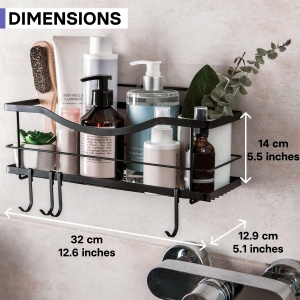 Raft de dus Kincmax, nu necesita gaurire, din otel inoxidabil, raft auto-adeziv pentru depozitare in bucatarie, cu carlige, 13 x 13 x 32 cm - Img 5