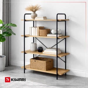 Raft Kiwari® Quad, 4 polite, 112×34×80 cm, MDF si Metal, Design Modern Industrial, Negru & Stejar - Img 5