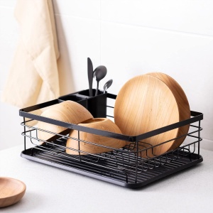 Raft scurgator de vase, Navaris, cu suport tacamuri, tava scurgere, metal, 41.5 x 30.5 x 14 cm, negru - Img 2