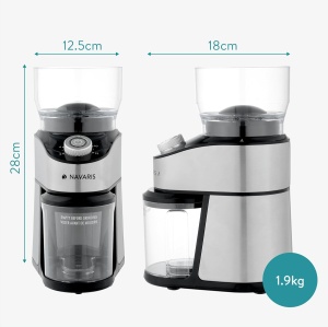 Rasnita electrica de cafea Navaris, 14 trepte macinare, din otel inxidabil/ABS, 18 x 12.5 x 28 cm, ajustare granulatie si cantitate, accesorii detasabile, usor de curatat, Argintiu - Img 6
