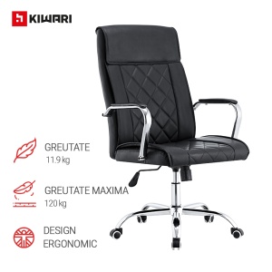 Scaun Birou Kiwari® Elm, Spatar Inalt, Sezut din Piele PU, Reglabil pe Inaltime, Baza Metal Rotativa, Design Executiv cu Cusaturi Decorative, Capacitate 120 kg, Negru - Img 3