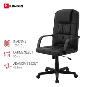 Scaun Birou Kiwari® Hab, Spatar Inalt, Sezut din Piele PU, Reglabil pe Inaltime, Baza cu Roti pentru Mobilitate, Design Executiv Confort Extra, Capacitate 120 kg, Negru - Img 4