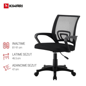 Scaun Birou Kiwari® Taro, Spatar din Mesh si Sezut Confortabil, Reglabil pe Inaltime, Baza Nylon, Ergonomic, Capacitate 120 kg, Negru - Img 4