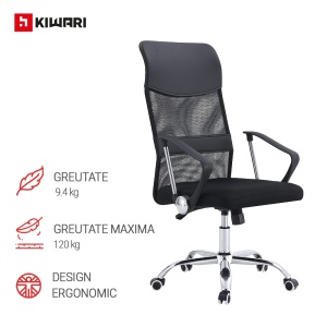 Scaun Birou Kiwari® Vonn, Spatar Mesh, Sezut Confortabil, Reglabil pe Inaltime, Baza Metal Rotativa, Design Ergonomic, Capacitate 120 kg, Negru - Img 3