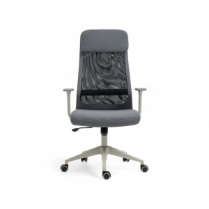 Scaun birou Kiwari Han, spatar inalt, cadru metalic, suprafata din tesatura si plasa, suport lombar fix, brate fixe, mecanism fluture, baza nylon, roti PU, Gri/Negru