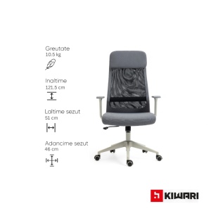 Scaun birou Kiwari Han, spatar inalt, cadru metalic, suprafata din tesatura si plasa, suport lombar fix, brate fixe, mecanism fluture, baza nylon, roti PU, Gri/Negru - Img 3