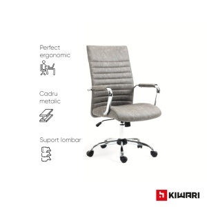 Scaun birou Kiwari Rani, spatar inalt, cadru cromat, brate fixe cu perne PU, mecanism tip fluture, baza cromata, rotile din nylon, Gri - Img 4