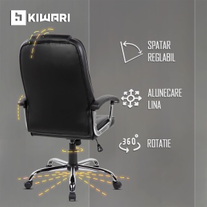 Scaun de birou ergonomic Kiwari® Ako, spatar inalt, mecanism inclinabil cu reglaj pe gaz, brate ergonomice fixe din PP, baza cromata, roti nylon silentioase / rotatie 360°, tapiterie PU+PVC, suporta 136 kg, Negru - Img 6