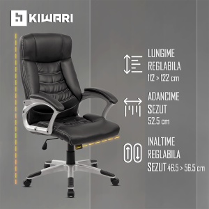 Scaun de birou ergonomic Kiwari® Eliot, spatar inalt, mecanism inclinabil cu reglaj pe gaz, rotatie 360°, brate late PP ergonomice, baza cromata stabila, roti nylon silentioase, tapiterie PU+PVC neteda, suporta 136 kg, Negru - Img 4