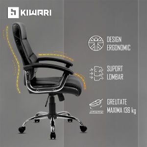 Scaun ergonomic Kiwari® Rei, spatar inalt, mecanism inclinabil cu piston pe gaz, ajustabil pe inaltime, rotatie 360°, brate fixe ergonomice PP, baza cromata, roti nylon silentioase, tapiterie PU+PVC, suporta 130 kg, Negru - Img 5