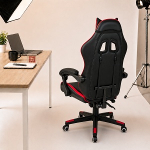 Scaun gaming Kiwari® Rush, suport pentru picioare, spatar rabatabil 135°, perne lombara si cervicala, negru/rosu - Img 7