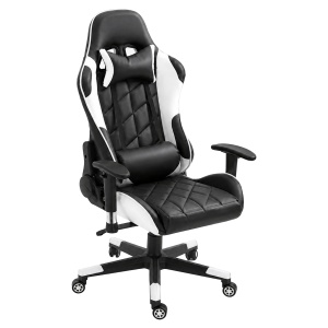Scaun gaming Kiwari® Vector, spatar rabatabil 180°, brate 2D, perne lombara si cervicala, piele PU, negru/alb