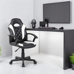 Scaun gaming Kiwari Klaus, material PU+PVC, cadru lemn, brate fixe, mecanism sus-jos, lift gaz, baza nylon, roti silentioase, spatar ergonomic, sezut confortabil, inaltime reglabila, Negru/Alb - Img 2