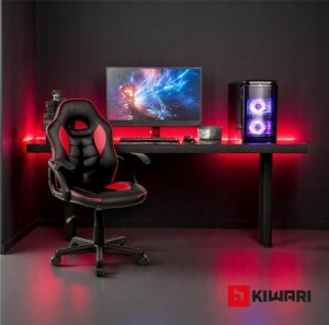 Scaun gaming Kiwari Ster, material PU, cadru lemn, baza nylon, inaltime reglabila, rotativ, Negru/Rosu - Img 2