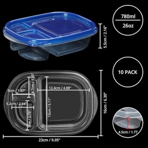 Set 10 caserole alimentare, FRESHLY CONTAINED, 3 compartimente, 780 ml, din plastic, fara BPA, capace etanse, reutilizabile, lavabile in masina de spalat vase, potrivite pentru cuptorul cu microunde si congelator, Albastru/Transparent - Img 7
