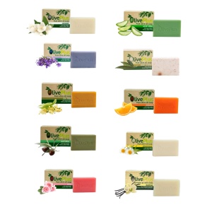 Set 10 sapunuri OlivePlus cu ulei de masline, Aroma de vanilie, Trandafir, Iasomie, Lavanda, Body scrub, Natural, Musetel, Portocala, Tea tree, Aloe vera, 10 x 100g