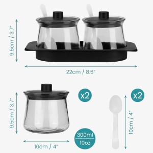 Set 2 borcane, Belle Vous, 300 ml, din sticla, lingurite, capace, tava suport, Negru/Transparent - Img 3