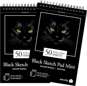 Set 2 caiete pentru schite si desen, Art-n-Fly, A5, cu spirala, 50 coli, 140 g/m², hartie neagra, 14 cm x 21,6 cm