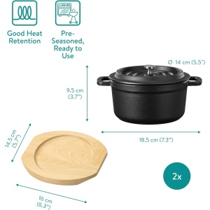 Set 2 mini oale din fonta Navaris, 14 cm, cu capac, suport din lemn, compatibile inductie/cuptor/gratar, rezistente la temperaturi ridicate, Negru - Img 3