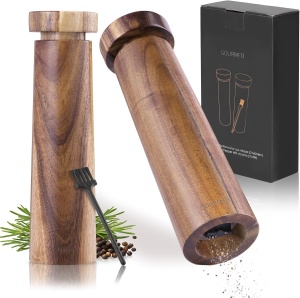 Set 2 rasnite pentru piper/sare Gourmeo, din lemn de salcam, sistem de macinare ceramic ajustabil, 20 x 5.4 cm, Maro