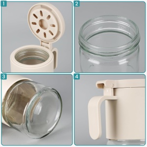 Set 2 recipient depozitare, Belle Vous, pentru condimente, din sticla, 350 ml, 10.5 x 13 cm, 4 ligurinte, capace etanse, fara BPA, Transparent/Bej - Img 4