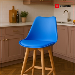 Set 2 Scaune Bar/Bucatarie Kiwari® Sama, Sezut PP si Picioare Lemn Fag, Inaltime 68 cm, Design Modern Bucatarie/Dining, Capacitate 120 kg, Albastru - Img 6