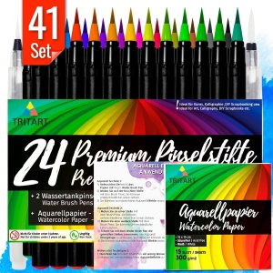 Set 24 carioci Tritart, Varf tip pensula, Caligrafice, 2 Pensule cu rezervor de apa, 15 coli, Multicolor