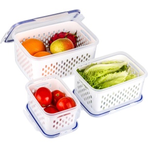 Set 3 caserole depozitare alimente Belle Vous, din plastic fara BPA, 3 dimensiuni, 850/1750/3300 ml, cu capac etans si cos scurgere, Transparent/Alb