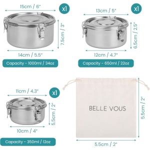 Set 3 cutii de pranz Belle Vous, din inox, capac etans, capac etans si geanta transport, 350/650/1000 ml, Argintiu - Img 4