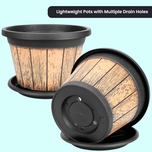 Set 3 ghivece pentru flori Belle Vous, 23 x 16 cm, design rustic tip butoi, 8.5 L, plastic, cu orificii de drenaj si tava, pentru interior/exterior, Maro/Negru - Img 3