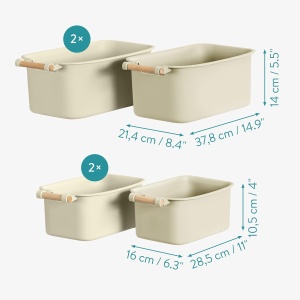 Set 4 cutii organizare Navaris, plastic, maner lemn, 2 marimi, cutii depozitare pentru baie, bucatarie, dulap, Crem - Img 3