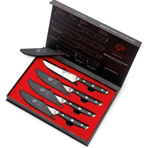 Set 4 cutite Orient, Origin Series, din otel inoxidabil german X50 Ultra +, lama zimtata, protectie pentru lama, negru - Img 5