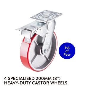Set 4 roti pivotante GBL, pentru transport, 200 mm, sarcina maxima de incarcare 1520 kg, rotatie 360°, cauciuc PU, cu 4 frane, Argintiu/Rosu - Img 3