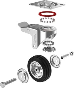 Set 4 roti universale GBL, pentru transport, 75 mm, pivotante 360°, sarcina maxima de incarcare 200 kg, cu 2 frane, din otel, Negru/Argintiu - Img 3