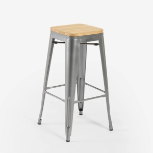 Set 4 scaune inalte De Bar, Bucatarie, H78cm, Blat Industrial Din Lemn, Otel, Gri