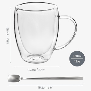 Set 6 cani termorezistente Belle Vous, din sticla borosilicata, 350 ml, pereti dubli, 6 lingurite metalice, Transparent - Img 2