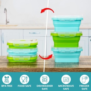 Set 6 caselore pliabile Kurtzy, din silicon alimentar, capac etans, 350 ml, rezistente la cuptor/microunde/congelator, Verde/Albastru - Img 3