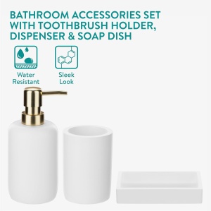 Set accesorii baie Navaris, 3 piese, dispenser sapun lichid 305 ml, suport periute dinti si sapuniera, din polirasina, Alb - Img 5