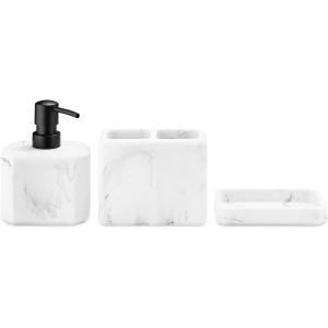 Set accesorii de baie Navaris, 3 piese, dispenser sapun lichid 320 ml, suport periute dinti si sapuniera, design marmura, elegant, Alb - Img 6