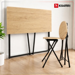Set Bucatarie/Bar masa cu 2 scaune Kiwari® Fab, 90×45×74 cm, 2 scaune Ф 30 x 45 cm, MDF/Metal, Design Compact, Bej - Img 2
